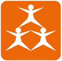 Logotyp orange box med tre gubbar i.